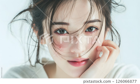 Profile of a young Japanese woman. Beautiful portrait with natural light on a white background 126066877