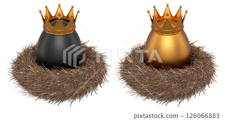 Elegant eggs adorned with golden crowns with red gemstones in bird nests, isolated on white transparent background 126066883