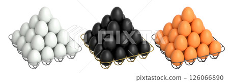 Metal trays filled with neatly stacked brown, white and black eggs, isolated on white transparent background. 126066890