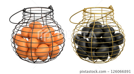 Wire baskets filled with eggs, isolated on white transparent background, concept of kitchen storage Wire baskets filled with eggs, isolated on white transparent background, concept of kitchen storage 126066891