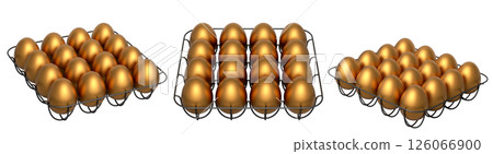 Metal trays filled with neatly stacked gold eggs, isolated on white transparent background. 126066900