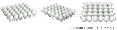 Metal trays filled with neatly stacked white eggs, isolated on white transparent background. 126066901