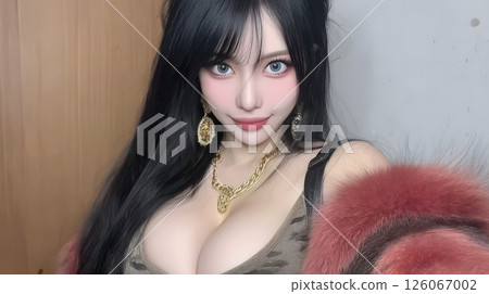 一位美麗的整容美女的自拍照。金色的配件和嘴唇非常引人注目。 126067002