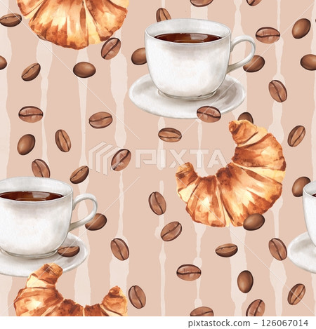 Seamless pattern of coffee with croissant and coffee beans. Watercolor illustration for pastry shop, coffee shop and cafe. Seamless pattern of coffee with croissant and coffee beans. Watercolor illustration for pastry shop, coffee shop and cafe. 126067014