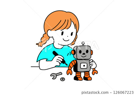 綁著辮子的女孩正在組裝機器人的插圖(STEAM 教育/製造) 綁著辮子的女孩正在組裝機器人的插圖(STEAM 教育/製造) 126067223