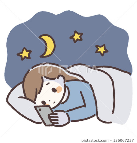 Hand-drawn illustration of a woman looking at her smartphone at night 126067237