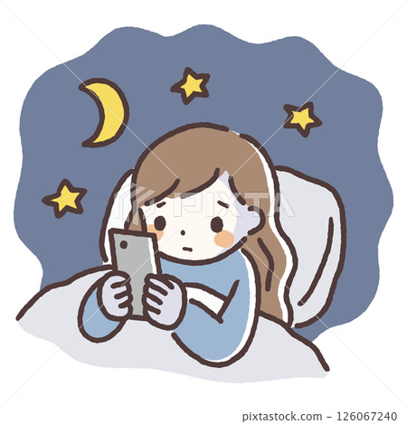 Hand-drawn illustration of a woman looking at her smartphone at night 126067240