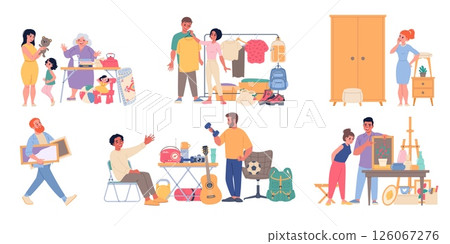 Cartoon flea market visitors. Happy people buy vintage used things, second hand goods, antique elements, garage sale, second hand store, characters on shopping, classy vector set 126067276
