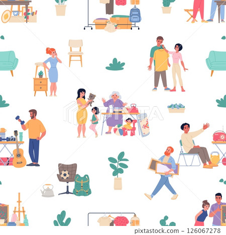Flea market seamless pattern. Vintage goods, old rarities, garage sale element users, second hand byers. Textile, wrapping paper, wallpaper. Print for fabric classy vector seamless background Flea market seamless pattern. Vintage goods, old rarities, garage sale element users, second hand byers. Textile, wrapping paper, wallpaper. Print for fabric classy vector seamless background 126067278