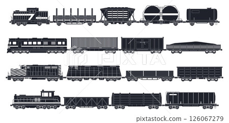 Goods trains icons. Black silhouettes locomotives, wagons, cisterns, railway transport with containers for oil, sand and wood, cargo service, different freight, isolated nowaday vector set 126067279