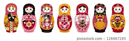 Matryoshka dolls. Russian toys with decorative painting, ethnic ornaments, tradition national symbol, collapsible, opening toy, flower pattern, cartoon isolated garish vector folklore set Matryoshka dolls. Russian toys with decorative painting, ethnic ornaments, tradition national symbol, collapsible, opening toy, flower pattern, cartoon isolated garish vector folklore set 126067285
