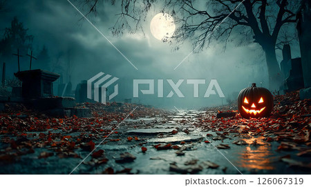 Spooky Halloween scene with glowing jack o lantern in cemetery among leaves under full moon at night 126067319