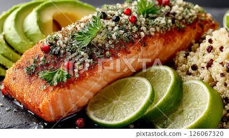 Salmon fillet with quinoa and avocado, healthy eating, healthy dinner 126067320