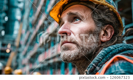 A man in a protective helmet and vest stands in the middle of a construction site 126067323
