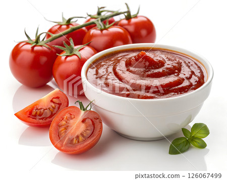 Homemade Tomato Sauce in White Bowl with Fresh Tomatoes 126067499