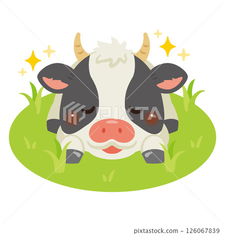 Illustration of cows relaxing in a pasture 126067839