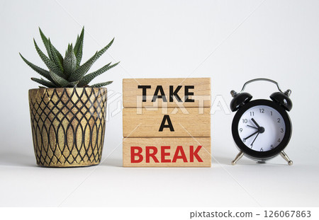 Take a break symbol. Concept words Take a break on wooden blocks. Beautiful white background with succulent plant and alarm clock. Business and Take a break concept. Copy space. Take a break symbol. Concept words Take a break on wooden blocks. Beautiful white background with succulent plant and alarm clock. Business and Take a break concept. Copy space. 126067863
