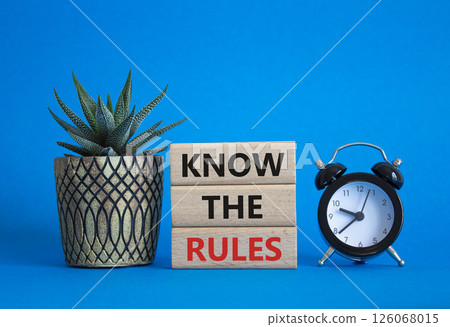Know the rules symbol. Wooden blocks with words Know the rules. Beautiful blue background with succulent plant and alarm clock. Business and Know the rules concept. Copy space. 126068015