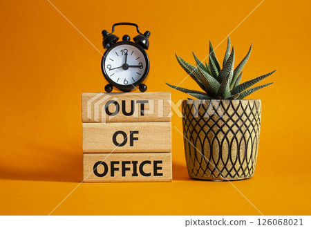 Out of Office symbol. Concept words Out of Office on wooden blocks. Beautiful orange background with succulent plant and alarm clock. Business and Out of Office concept. Copy space Out of Office symbol. Concept words Out of Office on wooden blocks. Beautiful orange background with succulent plant and alarm clock. Business and Out of Office concept. Copy space 126068021