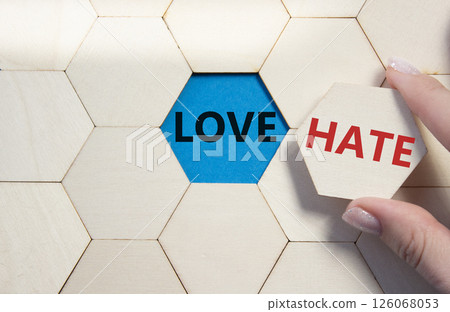 Love vs Hate symbol. Concept word Love vs Hate on wooden comb puzzle. Businessman hand. Beautiful blue background. Business and Love vs Hate concept. Copy space 126068053