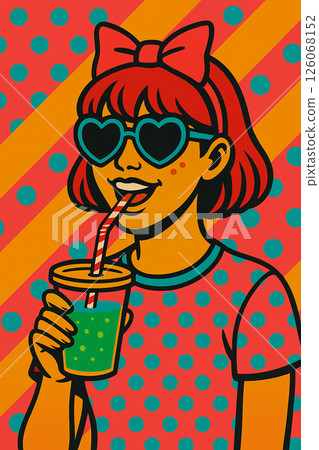 "Retro pop girl holding juice, colorful fruit drink shop image illustration" "Retro pop girl holding juice, colorful fruit drink shop image illustration" 126068152