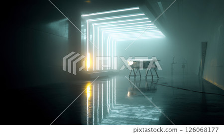 AI art generator machine in a futuristic studio, glowing softly. content creation, symbolizing artificial intelligence innovation, creative technology, and productivity enhancement. 126068177