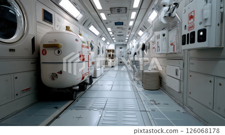 Zero-gravity space lab with robotic experiment modules. Cargo spaceship on orbit of planet Earth. Exploration of space. 126068178