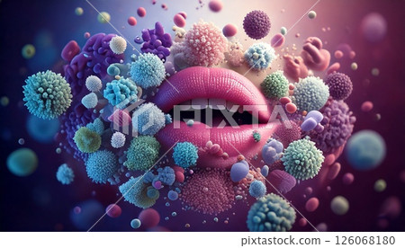 女人嘴裡漂浮著細菌和病菌。傳染病、口臭和口腔護理的圖像。 126068180