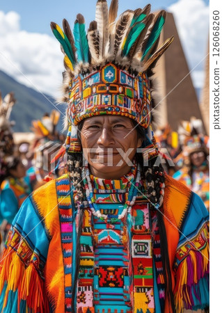 a traditional Inti Raymi parade, participants in vibrant Andean costumes, ornate headdresses, and colorful robes, surrounded by ancient Inca architecture, dramatic sunlight highlighting the vibrant 126068260