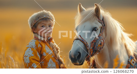a young boy in traditional Naadam attire leading a decorated horse, a vast Mongolian plain stretching out to the right a young boy in traditional Naadam attire leading a decorated horse, a vast Mongolian plain stretching out to the right 126068270