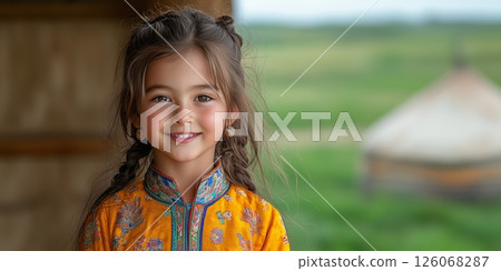 a young girl wearing a vibrant deel, traditional Mongolian robe, smiling against a background of green fields and yurts 126068287