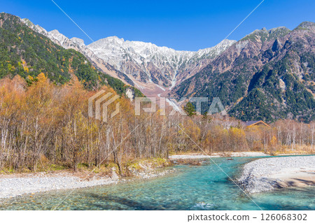 深秋的上高地,日本著名的山區度假勝地之一:穗高山脈和梓川 深秋的上高地,日本著名的山區度假勝地之一:穗高山脈和梓川 126068302