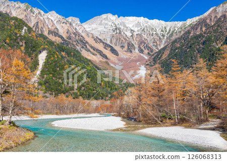 Late autumn at Kamikochi, one of Japan's leading mountain resorts: the Hotaka mountain range and the Azusa River Late autumn at Kamikochi, one of Japan's leading mountain resorts: the Hotaka mountain range and the Azusa River 126068313
