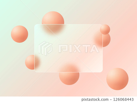 Partition of transparent material with floating spheres. Landing page of the site in the style of glass morphism. 126068443