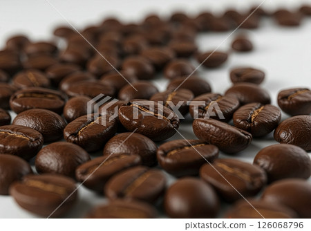 Artisanal Dark Roasted Coffee Beans Macro Photography on White Background 126068796