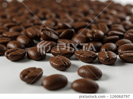 Artisanal Dark Roasted Coffee Beans Macro Photography on White Background 126068797