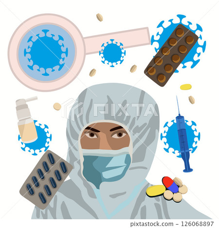 Vector isolated illustration of male doctor in protective suit. Portrait of a doctor during a virus or pandemic.Protection from virus diseases. Vector isolated illustration of male doctor in protective suit. Portrait of a doctor during a virus or pandemic.Protection from virus diseases. 126068897