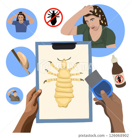 Vector isolated illustration of pediculosis disease set. People with pediculosis. Combing nits. A remedy for pediculosis. Vector isolated illustration of pediculosis disease set. People with pediculosis. Combing nits. A remedy for pediculosis. 126068902