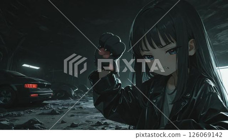 Anime Girl Thumbs Down in Dark Garage 126069142