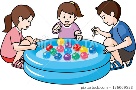 A boy and two girls playing yo-yo fishing A boy and two girls playing yo-yo fishing 126069558