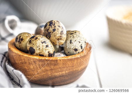 Spotted quail eggs in bowl on kitchen table. Spotted quail eggs in bowl on kitchen table. 126069566