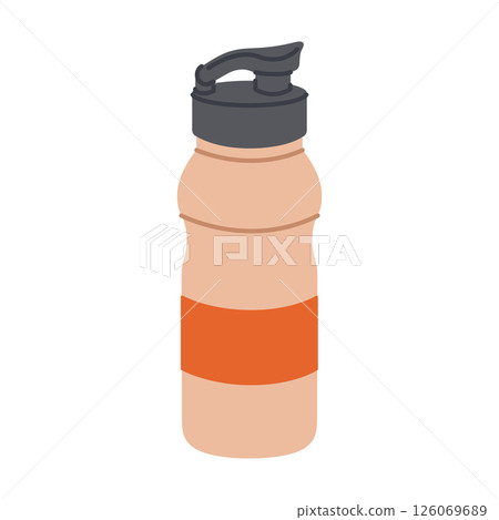 Beige reusable water bottle with cap. Sport, fitness, travel equipment. Plastic container for drink, liquid. Healthy lifestyle and hydration. Vector flat illustration isolated on white background Beige reusable water bottle with cap. Sport, fitness, travel equipment. Plastic container for drink, liquid. Healthy lifestyle and hydration. Vector flat illustration isolated on white background 126069689