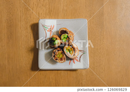 Creative dish: Asparagus wrapped in pork Creative dish: Asparagus wrapped in pork 126069829