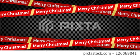 Merry Christmas Tape Border On Dark Transparent Background, Red Holiday Stripes With Yellow Markings, Ideal For Festive Packaging, Caution Line Effects, Labels Or Posters. Vector Illustration. Merry Christmas Tape Border On Dark Transparent Background, Red Holiday Stripes With Yellow Markings, Ideal For Festive Packaging, Caution Line Effects, Labels Or Posters. Vector Illustration. 126069841