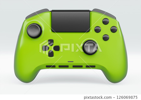 Realistic green video game joystick or gamepad on white background. 3D rendering of streaming gear for cloud gaming and gamer workspace concept 126069875