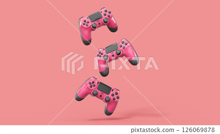 Realistic red video game joysticks or gamepads on pink background. 3D rendering of streaming gear for cloud gaming and gamer workspace concept Realistic red video game joysticks or gamepads on pink background. 3D rendering of streaming gear for cloud gaming and gamer workspace concept 126069878