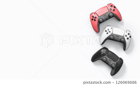 Realistic colorful video game joysticks or gamepads with color buttons on white background. 3D rendering of streaming gear for cloud gaming and gamer workspace concept 126069886