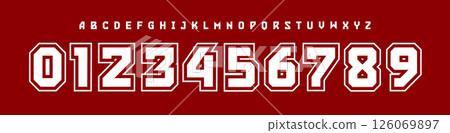 Sport College Number Font, Bold Athletic Alphabet for varsity apparel, team jerseys, scoreboards, university posters, and championship designs. Perfect for American sports themes. Vector Illustration. 126069897