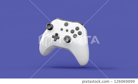 Realistic white video game joystick or gamepad on violet background. 3D rendering of streaming gear for cloud gaming and gamer workspace concept 126069899