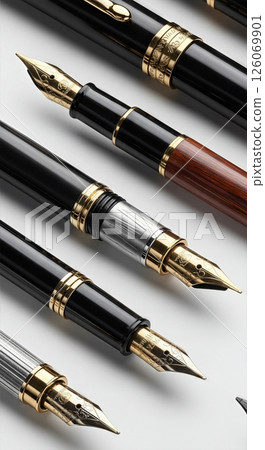 Elegant Collection of Premium Fountain Pens with Gold Nibs and Luxury Metallic Barrels on White Background 126069901